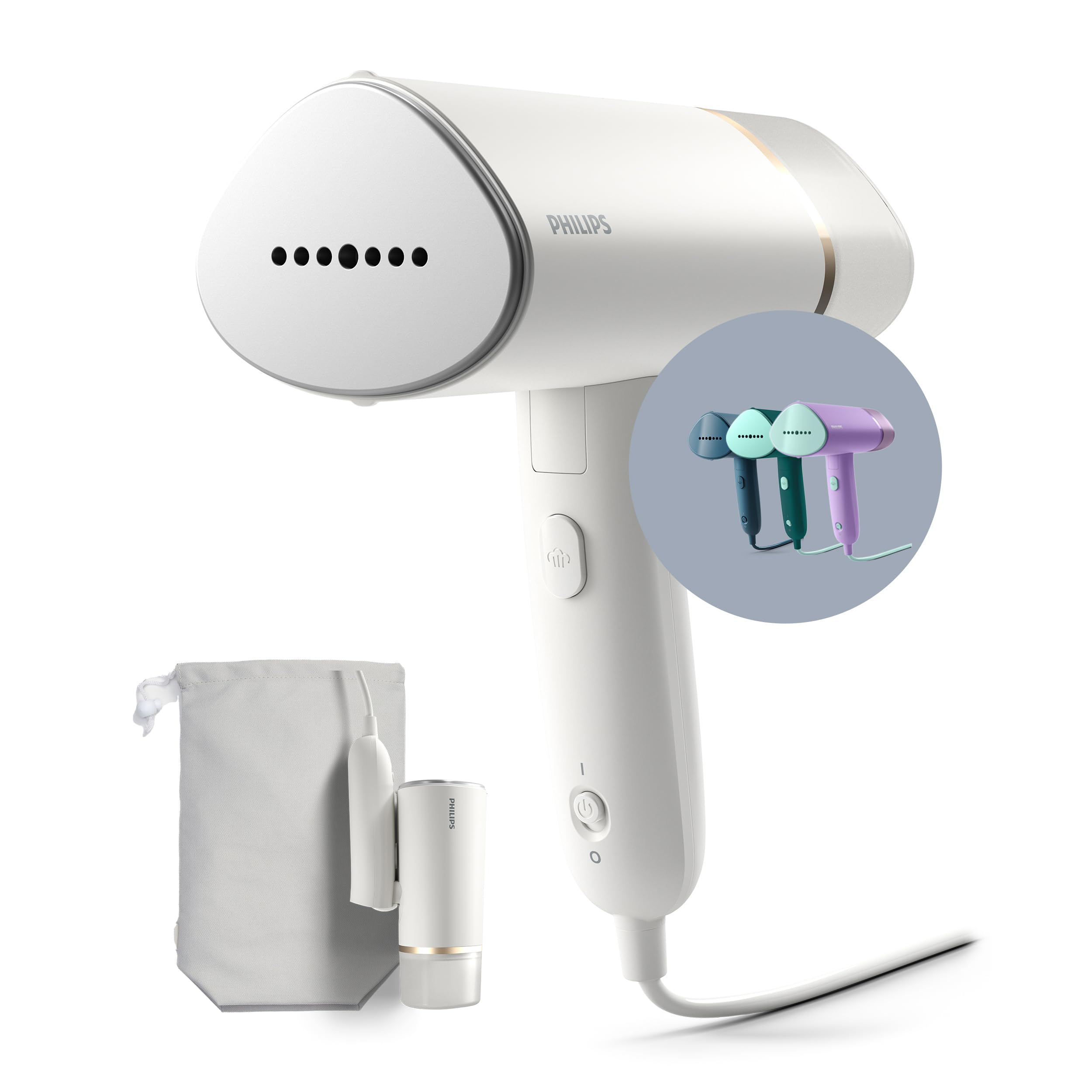 Philips 3000 Series Handheld Steamer, 1000W, 20 g/min Steam, Kills Germs, Detachable 100ml Water Tank, Compact + Foldable, Plastic Plate, Blue (STH3000/26)