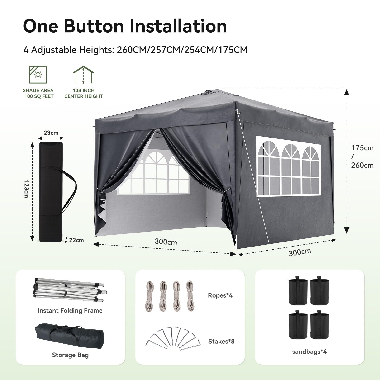 Aoxun 3m x 3m Pop Up Gazebo, Metal Frame Shelter Tent for Outdoor Garden Party, with 4 Sandbags & Carry Bag, Adjustable Height, Grey