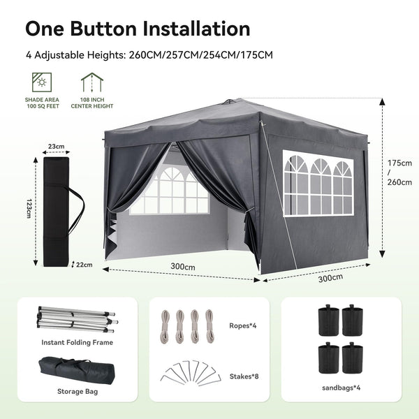 Aoxun 3m x 3m Pop Up Gazebo, Metal Frame Shelter Tent for Outdoor Garden Party, with 4 Sandbags & Carry Bag, Adjustable Height, Grey