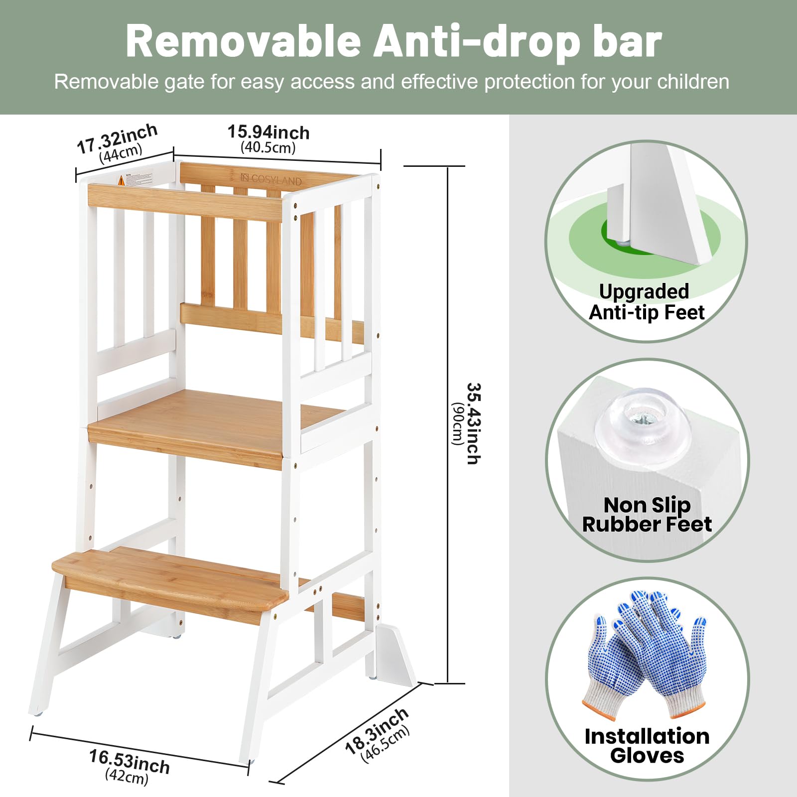COSYLAND Height Adjustable Kids Kitchen Step Stool with Anti-tip Support Corners - Kids Standing Tower for Kitchen Counter, Bathroom, Nursery (Black)