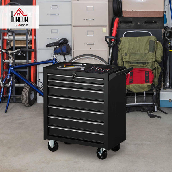 DURHAND 7-Drawer Rolling Tool Chest on Wheels, Lockable Tool Cabinet with Side Handle, Metal Tool Box Trolley for Garage, Workshop, Red