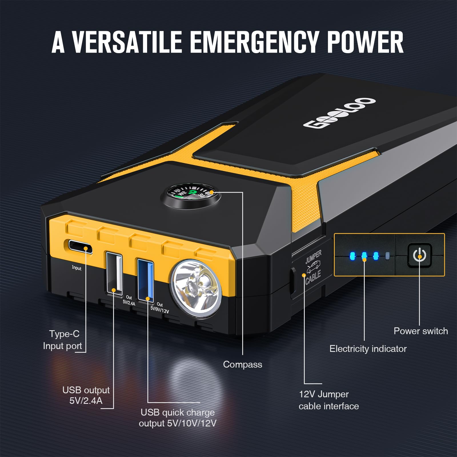 GOOLOO New GP2000 Jump Starter 2000A Car Starter Battery Pack (Up to 8.0L Gas, 6.0L Diesel Engine),12V Car Battery Charger Jumper Starter, Portable Lithium Jump Box with USB Quick Charge