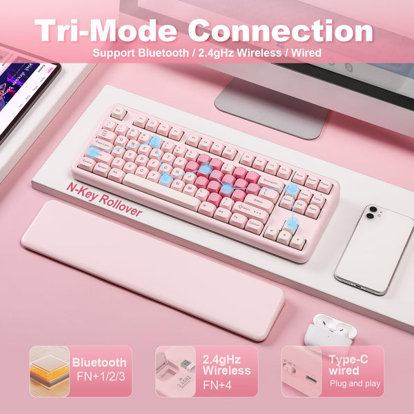 YUNZII B87 Wireless Mechanical Keyboard,QMK/VIA Software Custom Gaming,Gasket RGB Keyboard with Cute MOA Keycaps,Wrist Rest,BT5.0/2.4G/USB-C NKRO for Win/Mac (butter, milk v2 linear)