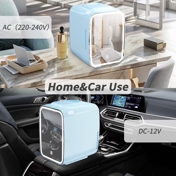 YASHE Mini Fridge for Bedroom, Skincare Fridge with LED Light Mirror, 4L Small Fridge Portable,220V AC/ 12V DC Thermoelectric Warmer & Cooler for Car Office Dorm(Blue)