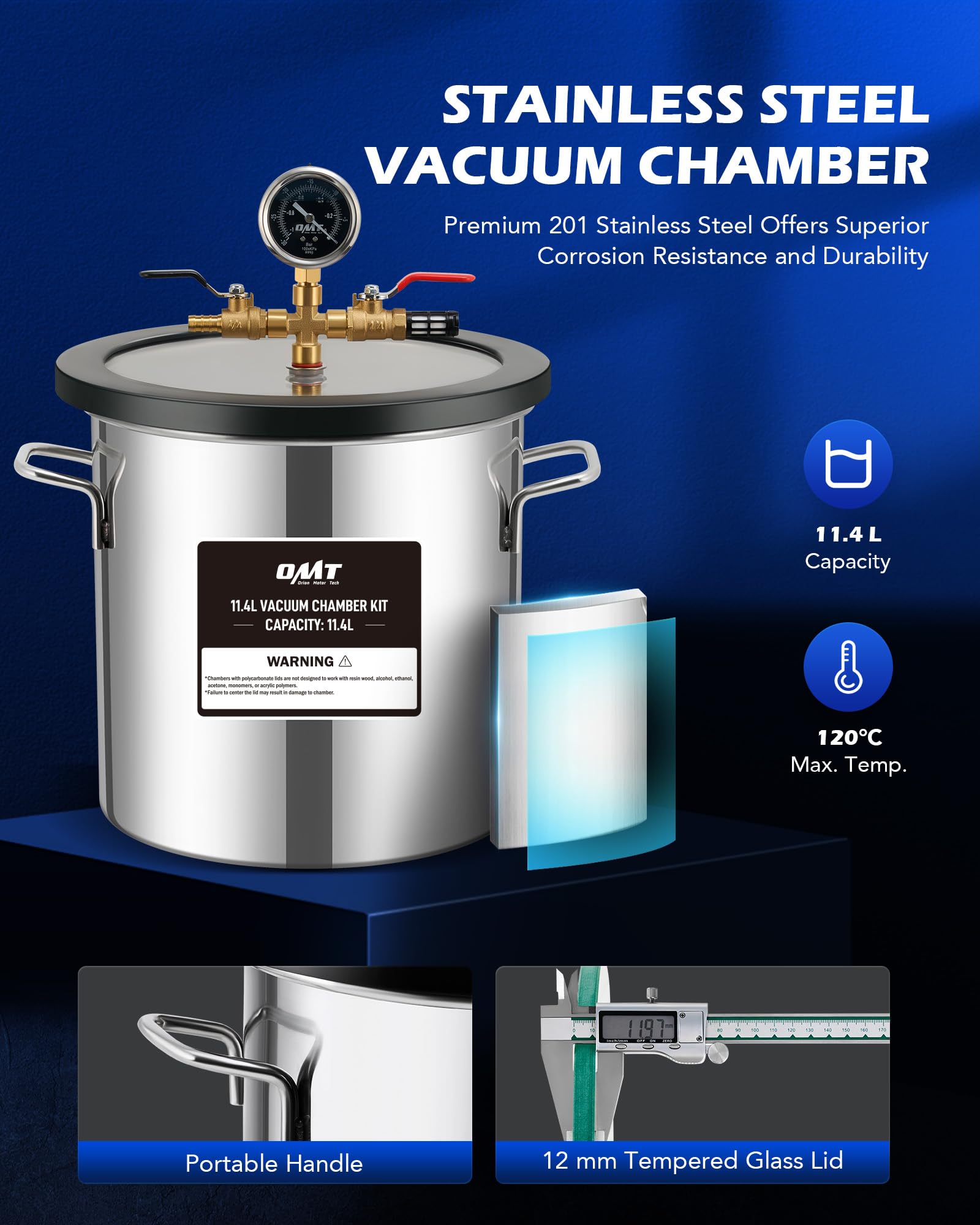 ORION MOTOR TECH 18.9 L Vacuum Chamber with Pump Kit, 3.5 cfm Vacuum Pump and Chamber Kit with Tempered Glass Lid 1.5 m Hose, Vacuum Degassing Chamber Kit for Stabilizing Wood Degassing Silicone Resin