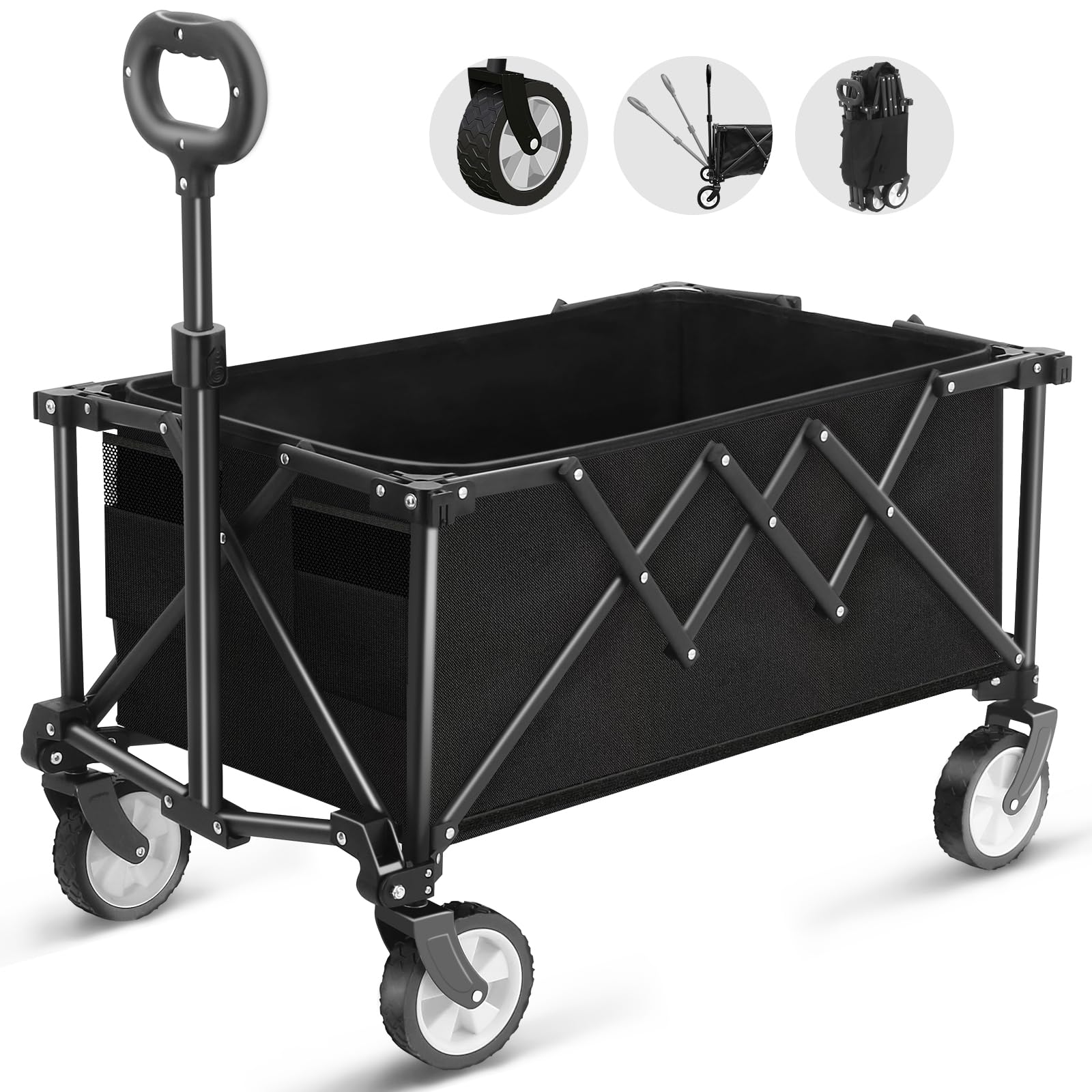 Foldable Cart on Wheels, Folding Wagon 220LBS/100kg Large Capacity All Terrain Wheels with Adjustable Handle & Cover Bag, Picnic Transporter for