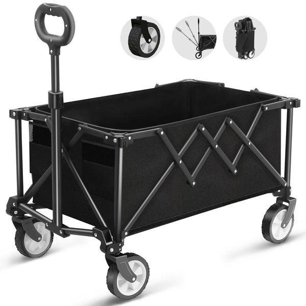 Foldable Cart on Wheels, Folding Wagon 220LBS/100kg Large Capacity All Terrain Wheels with Adjustable Handle & Cover Bag, Picnic Transporter for