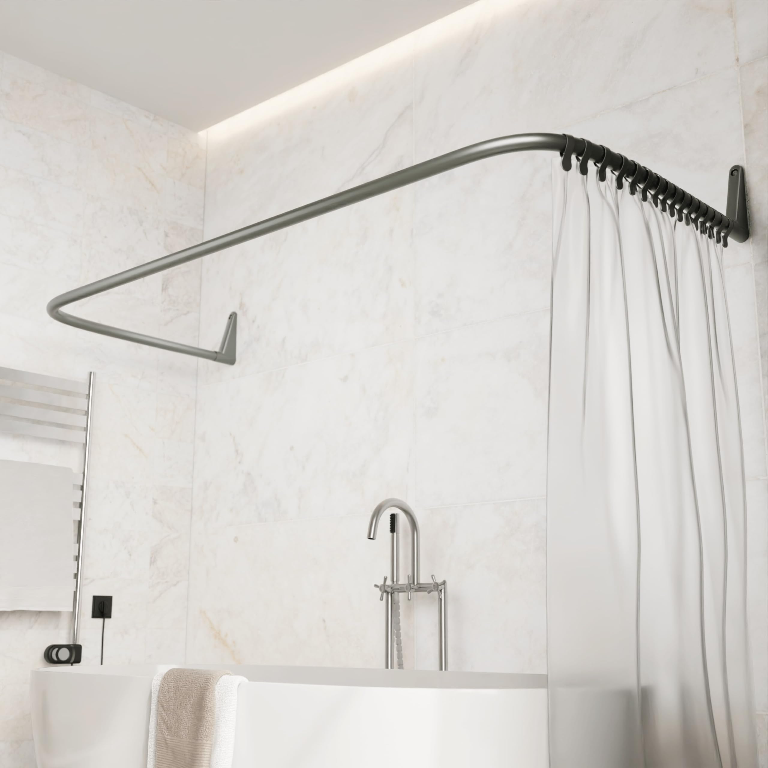Erica Shower Curtain Pole, 4-in-1 System in U-shape and L-shape, Wall Mounted Without Ceiling Mount, Glossy Grey Powder Coated Steel