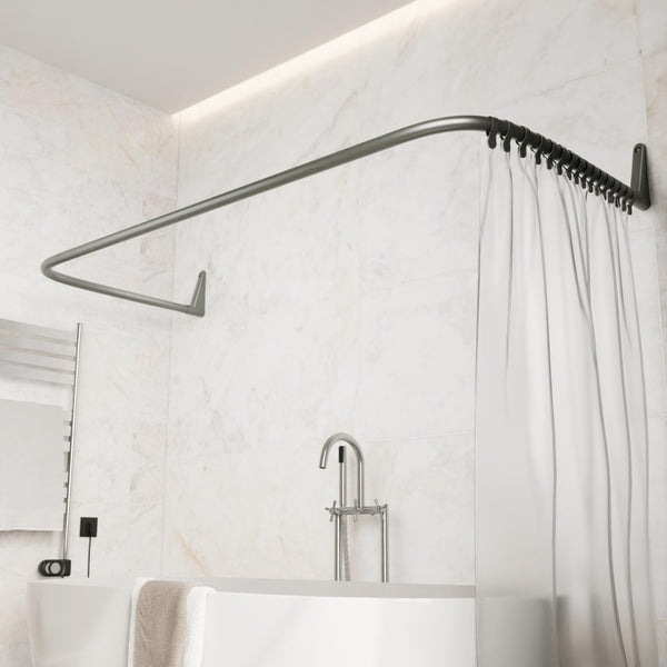 Erica Shower Curtain Pole, 4-in-1 System in U-shape and L-shape, Wall Mounted Without Ceiling Mount, Glossy Grey Powder Coated Steel