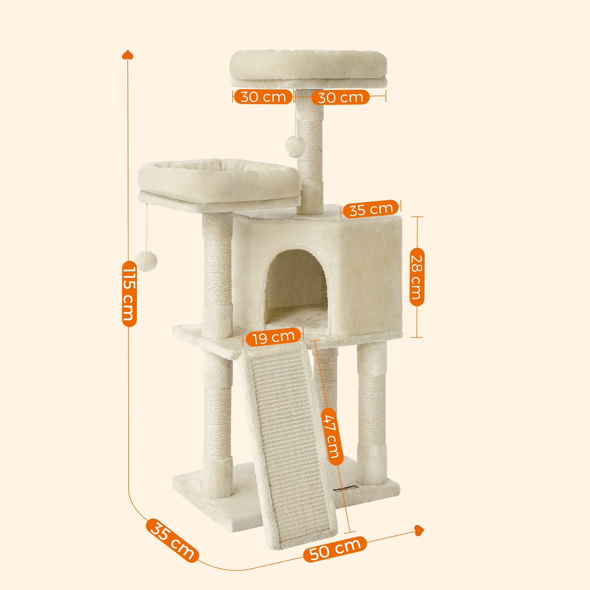 FEANDREA Cat Tree, Cat Condo 115 cm, Scratching Ramp, Beige PCT141M01