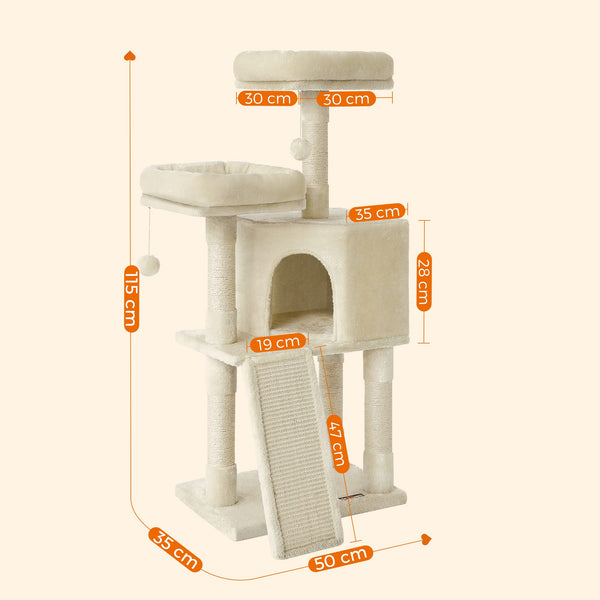FEANDREA Cat Tree, Cat Condo 115 cm, Scratching Ramp, Beige PCT141M01