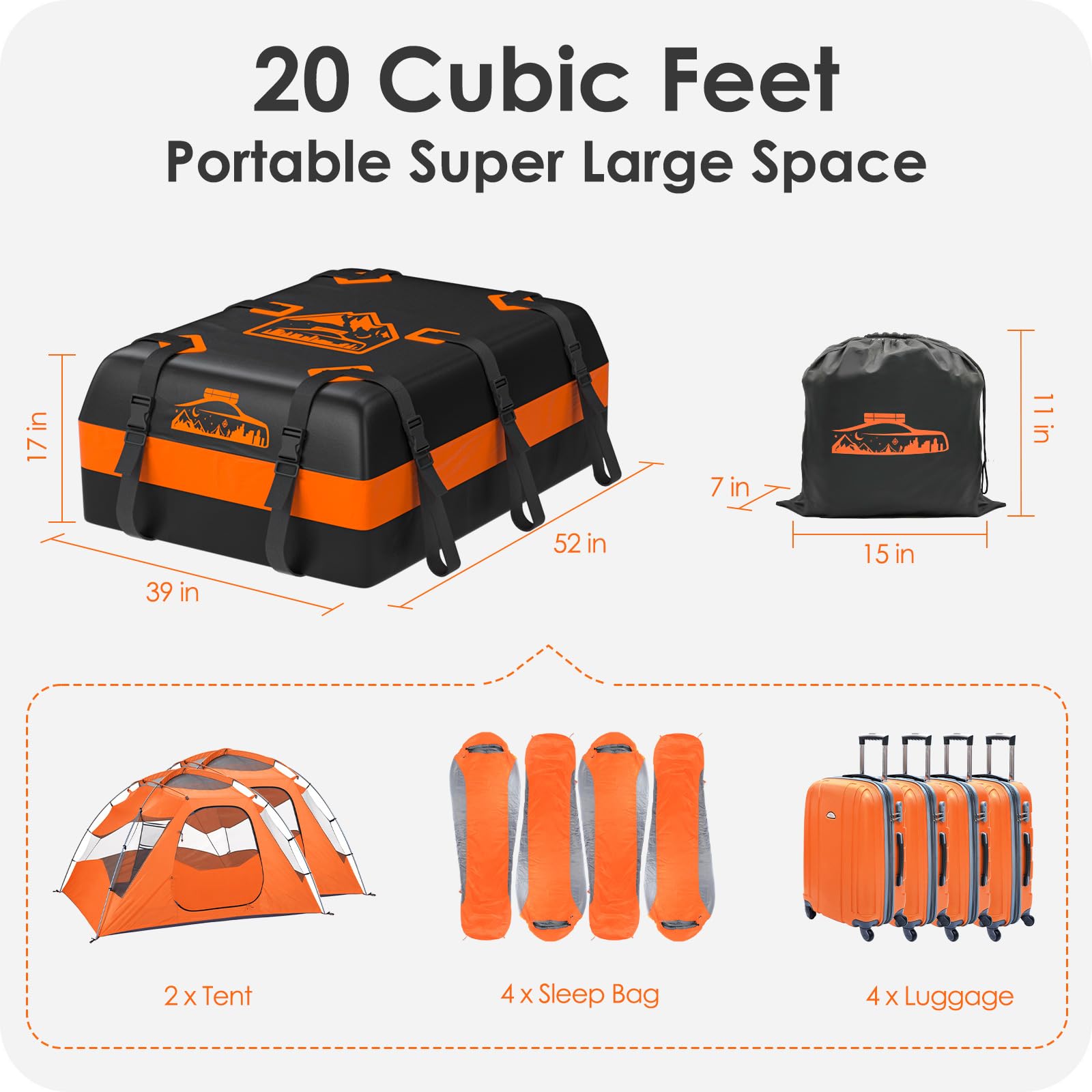 BOYUJK Roof Bag 20 Cubic/566 L, Waterproof Car Roof Bag no Rack Needed, Car Roof Box with Anti-Slip Mat and 6 Heavy-Duty Straps, Folding Soft Roof Bag for Cars with/Without Rack（ Orange 566L ）