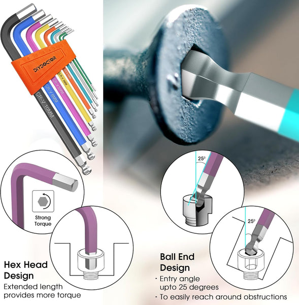 DIY Doctor Hex Key Set (9 Pieces) – Long Ball-End Allen Keys from 1.5mm to 10mm – Durable Hex Key Set