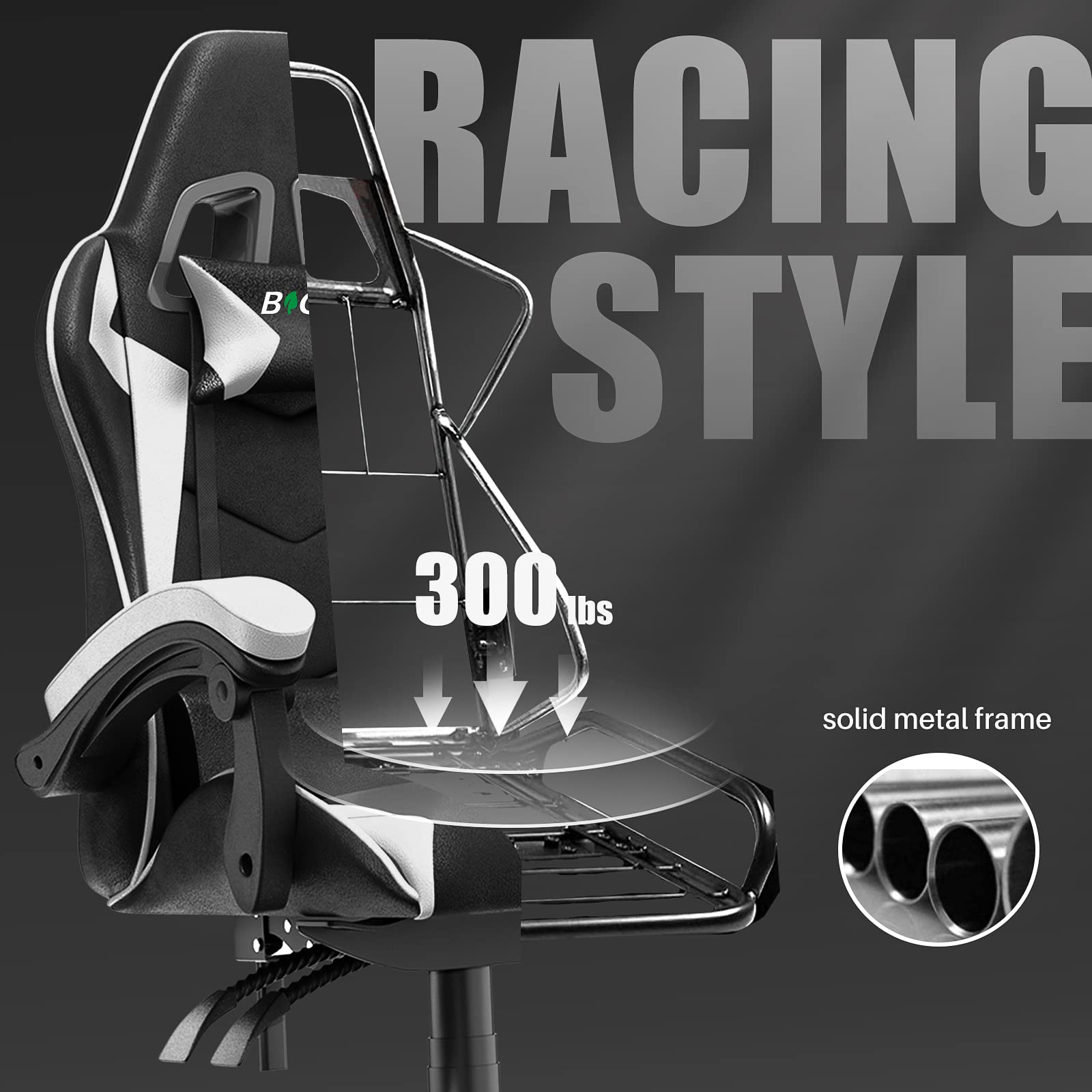 bigzzia Ergonomic Gaming Chair - Gamer Chairs with Lumbar Cushion + Headrest, Height-Adjustable Office & Computer Chair for Adults (without footrest, White)