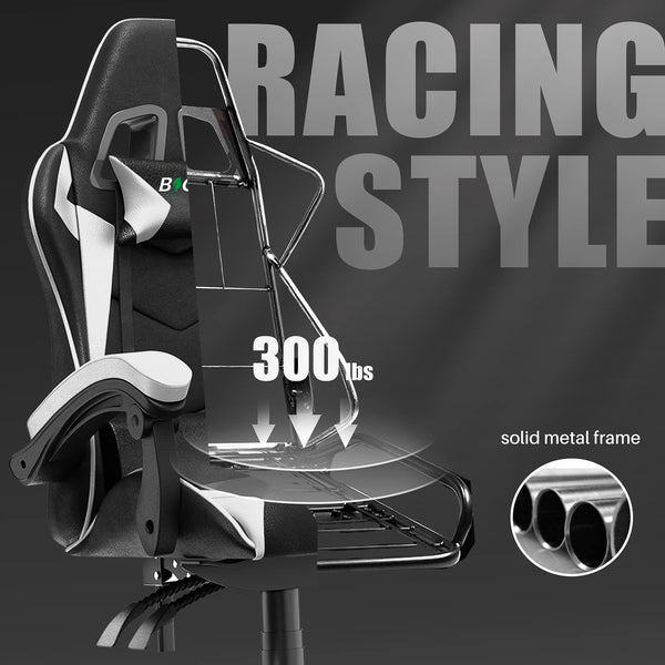 bigzzia Ergonomic Gaming Chair - Gamer Chairs with Lumbar Cushion + Headrest, Height-Adjustable Office & Computer Chair for Adults (without footrest, White)