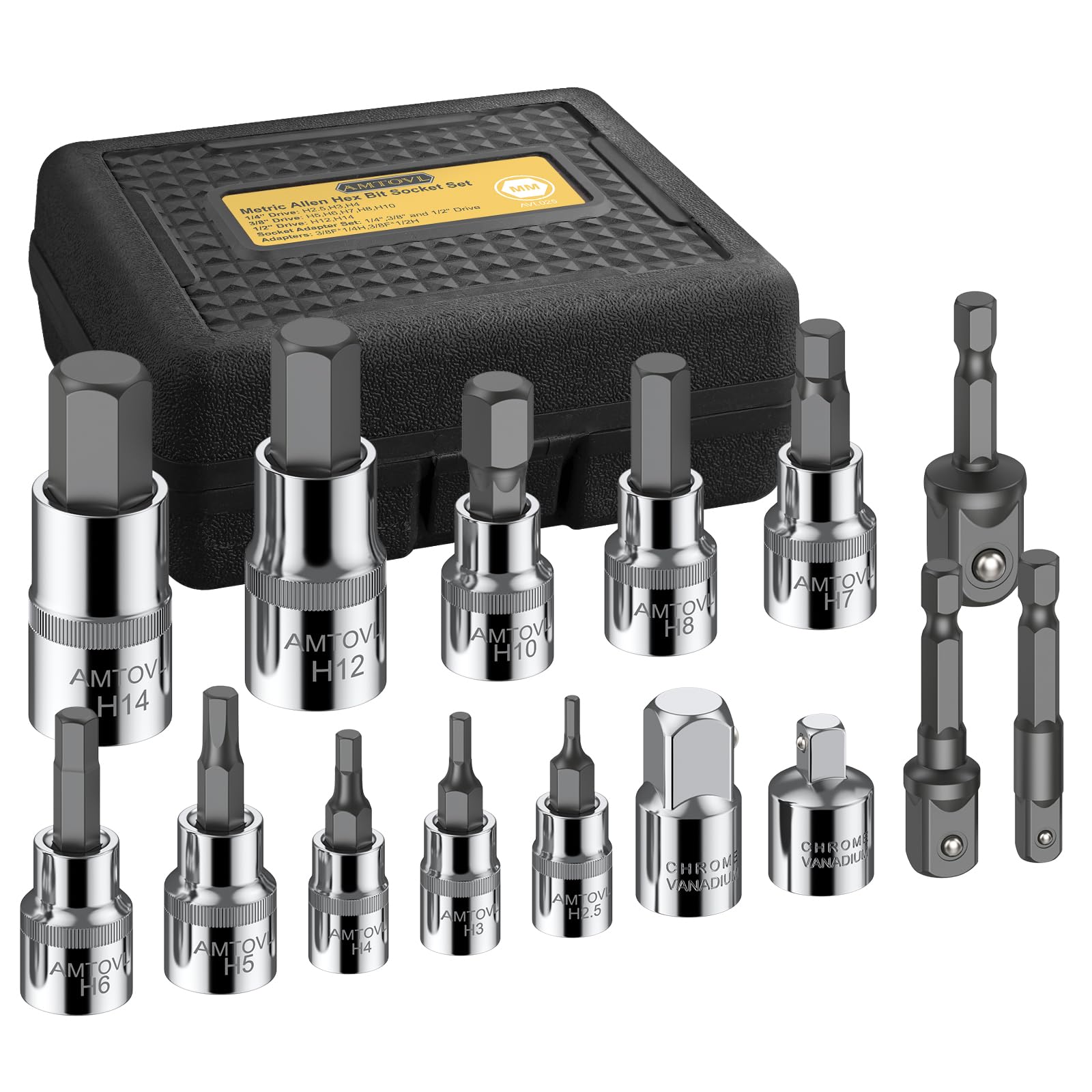 AMTOVL 15-Piece Triple Square Spline Bit Socket Set - S2 Alloy Steel & 50BV30 CRV XZN Bits - Includes 1/4", 3/8", 1/2" Drive Sizes (4,5,6,8,9,10,16,18mm) with Adapter - Fit for Automotive & DIY