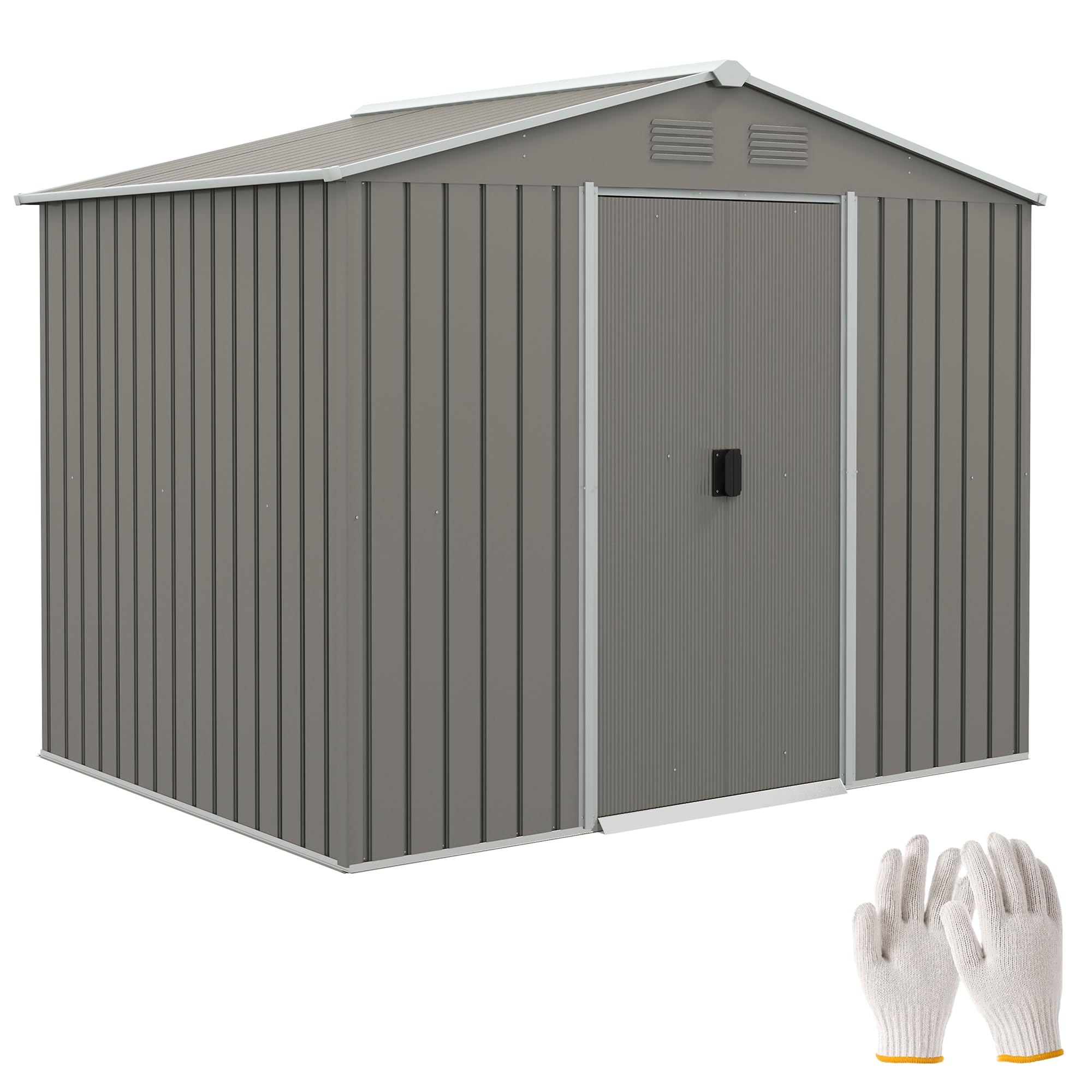 Outsunny 7.7 x 5.7ft Metal Garden Shed with Ventilation Slots and Sliding Doors, Galvanised Outdoor Tool Storage House, Grey