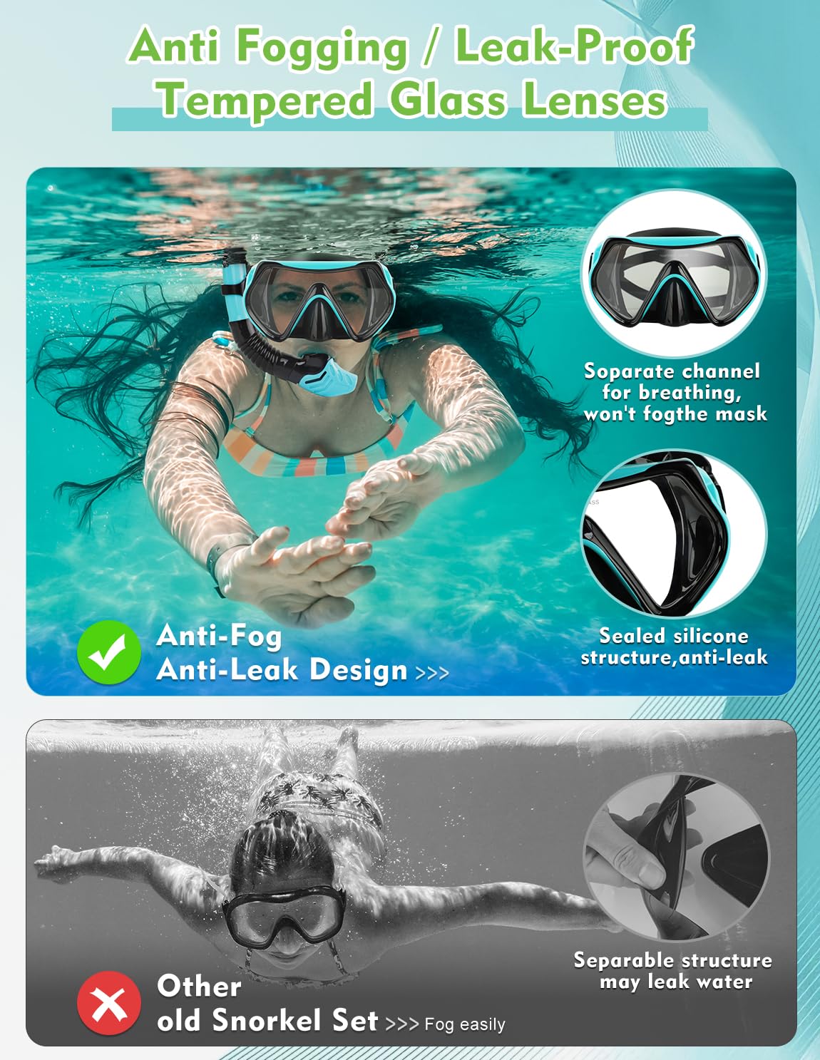 Hydomi Snorkel Set Adults 180° Panoramic Anti-Fog Snorkel Mask with Dry Top Valve, Leak-Proof Tempered Glass Diving Set for Swimming Snorkeling, Travel-Friendly Kit with Adjustable Straps