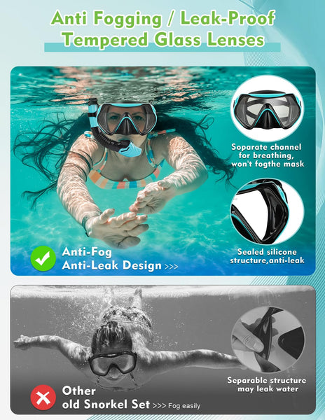 Hydomi Snorkel Set Adults 180° Panoramic Anti-Fog Snorkel Mask with Dry Top Valve, Leak-Proof Tempered Glass Diving Set for Swimming Snorkeling, Travel-Friendly Kit with Adjustable Straps