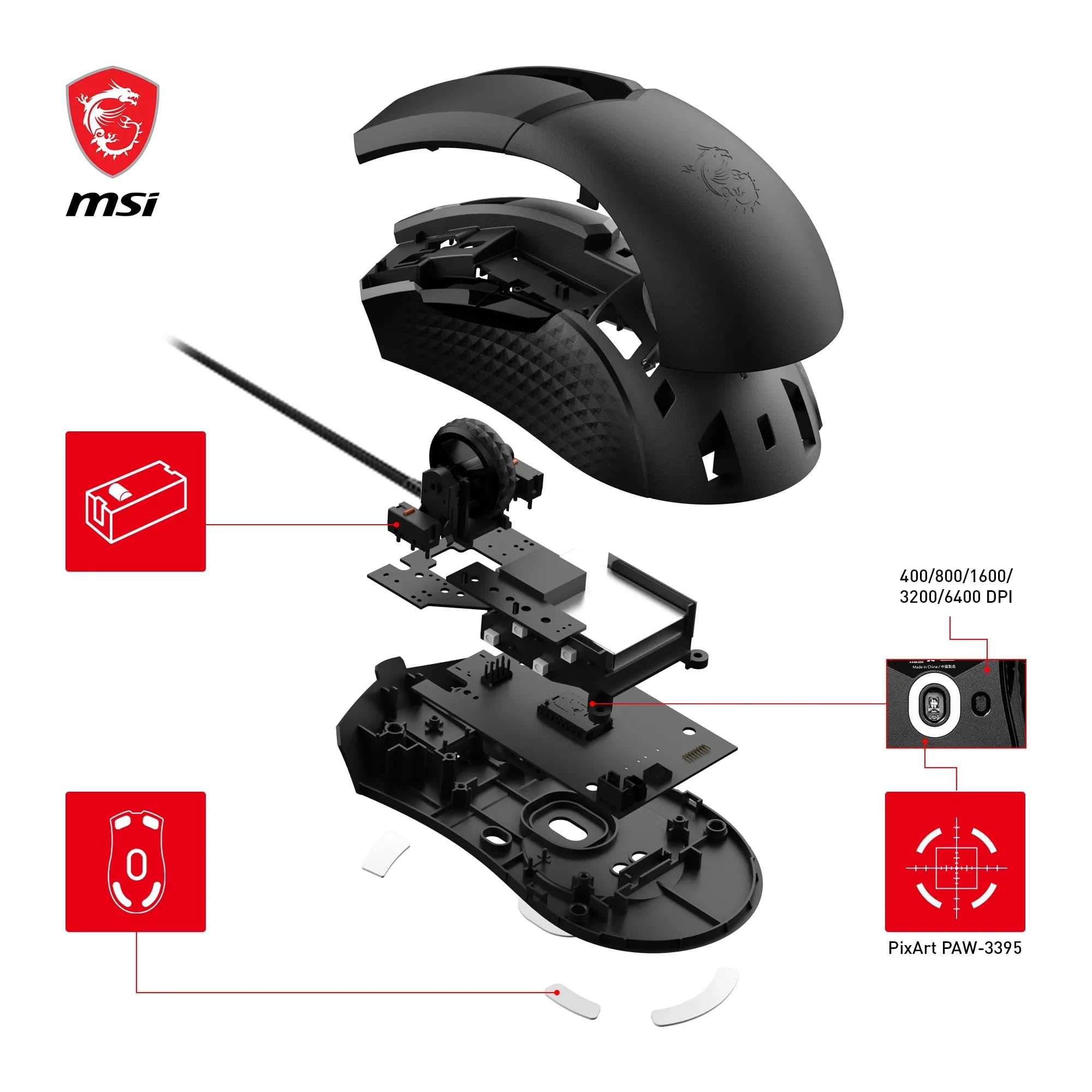 MSI CLUTCH GM51 LIGHTWEIGHT Gaming Mouse - 26000 DPI Optical Sensor, Elite 0.125ms Latency, 60M+ Click OMRON Switches, 6-Buttons, FriXionFree Cable, RGB Diamond LightGrips, 75g - Wired