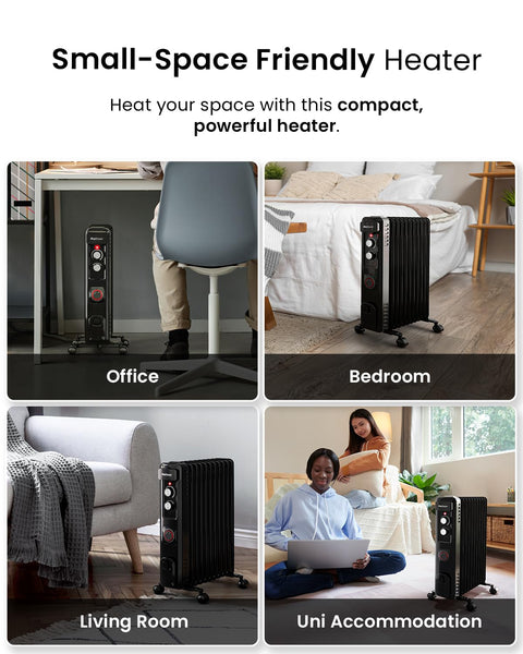 Pro Breeze Oil Filled Radiator with 11 Fins - Slim Electric Radiator - Portable Oil Heater with Built-in 24 Hour Timer, 3 Heat Settings, Adjustable Thermostat (White)