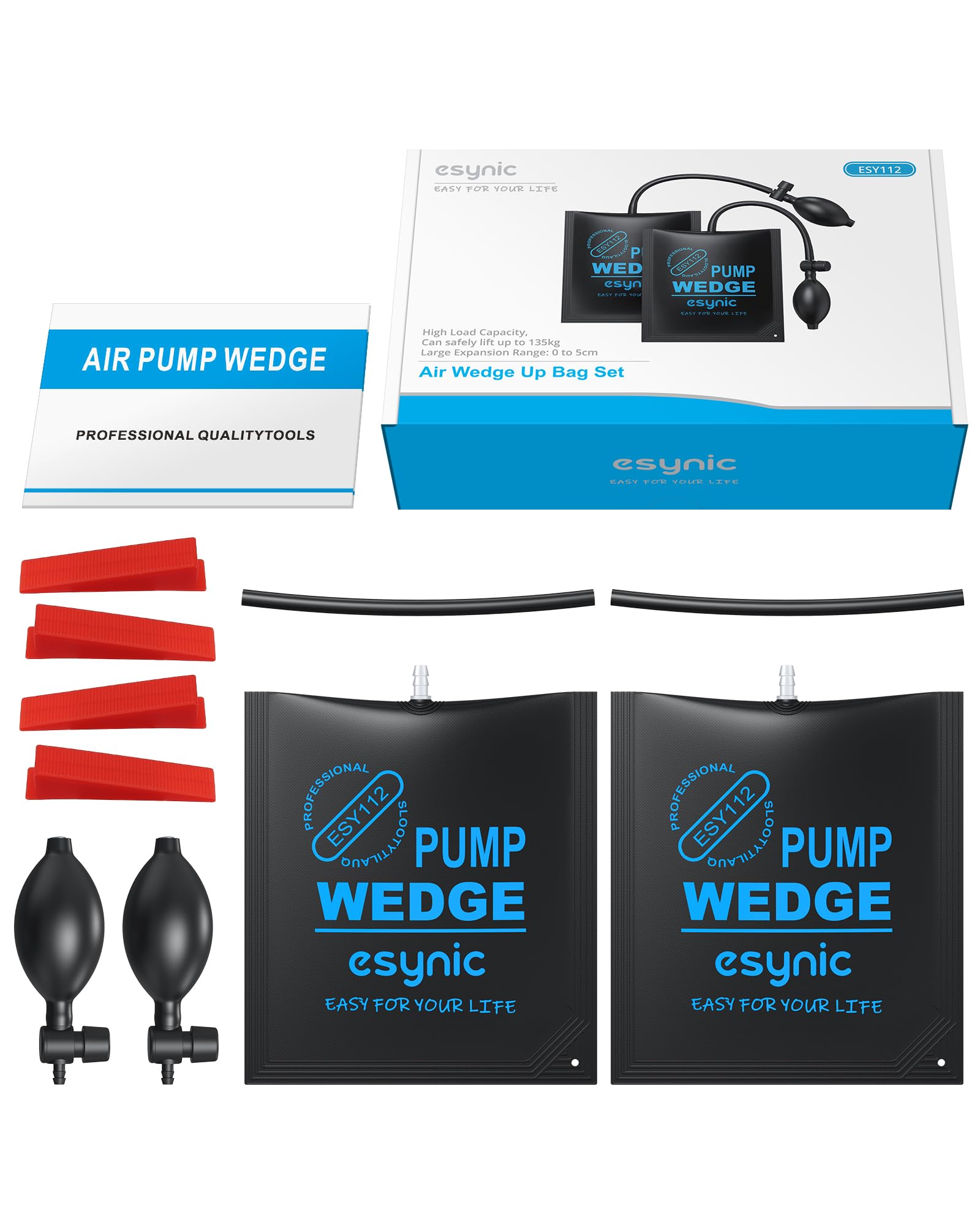 eSynic 3Pack Air Wedge Pump up Bag Inflatable Wedge Winbags Smooth TPU Air Bags for Lifting Door Air Wedge Door Lifter Pump Load-Bearing 297 Pounds/134KG with 4 Plastic Wedges-Blue