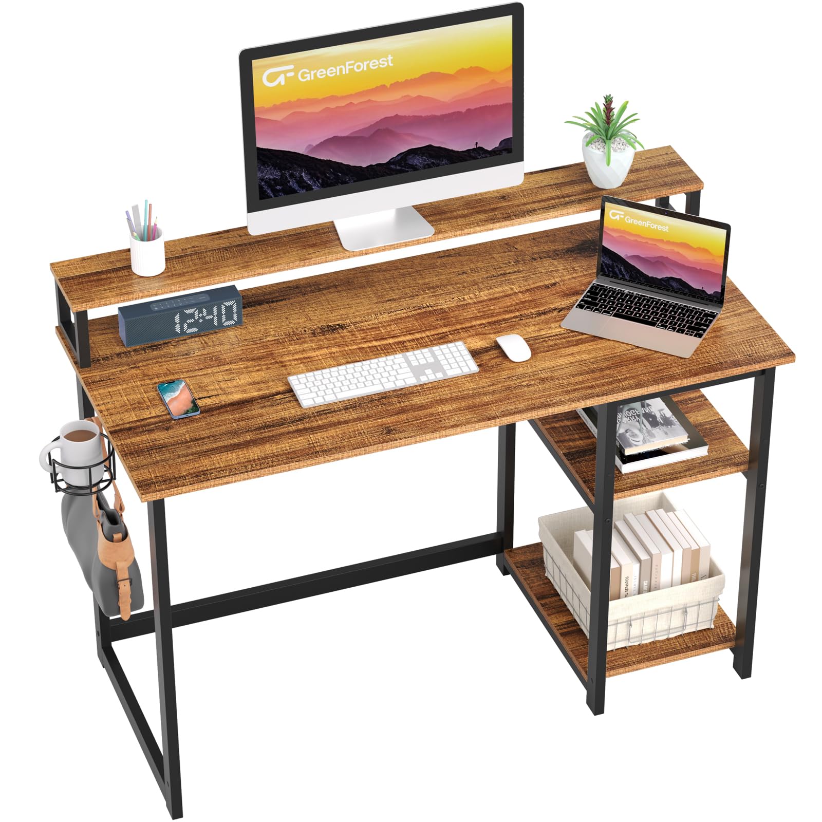 GreenForest Computer Desk with Full Monitor Stand,100 cm Home Office Desk with Reversible Storage Shelves,Small Study Desk with Headphone Hook and Cup