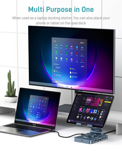 360° Rotating iPad/iPad Pro USB C Docking Station, 11-in-1 with SD TF 4.0 Reader, 4K@60Hz HDMI, RJ45, Audio, USB A, USB C, For Tablet, Steam Deck, ROG Ally, Legion Go, Msi Claw, Samsung, etc