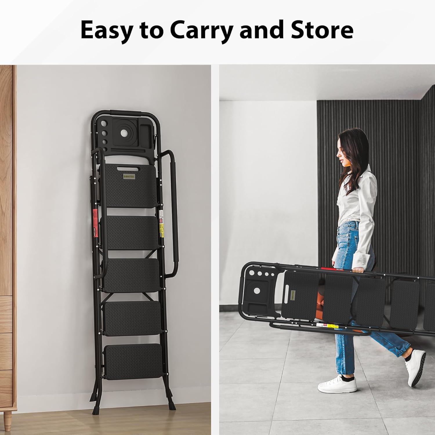 BONTEC 2 Step Ladder, Capacity 150KG with Wide Anti-Slip Pedals, Folding Steel Step Stool, Sponge Handlebar, Lightweight Portable Ladder Suitable for Home, Kitchen, Pantry, Indoor/Outdoor Use, Black