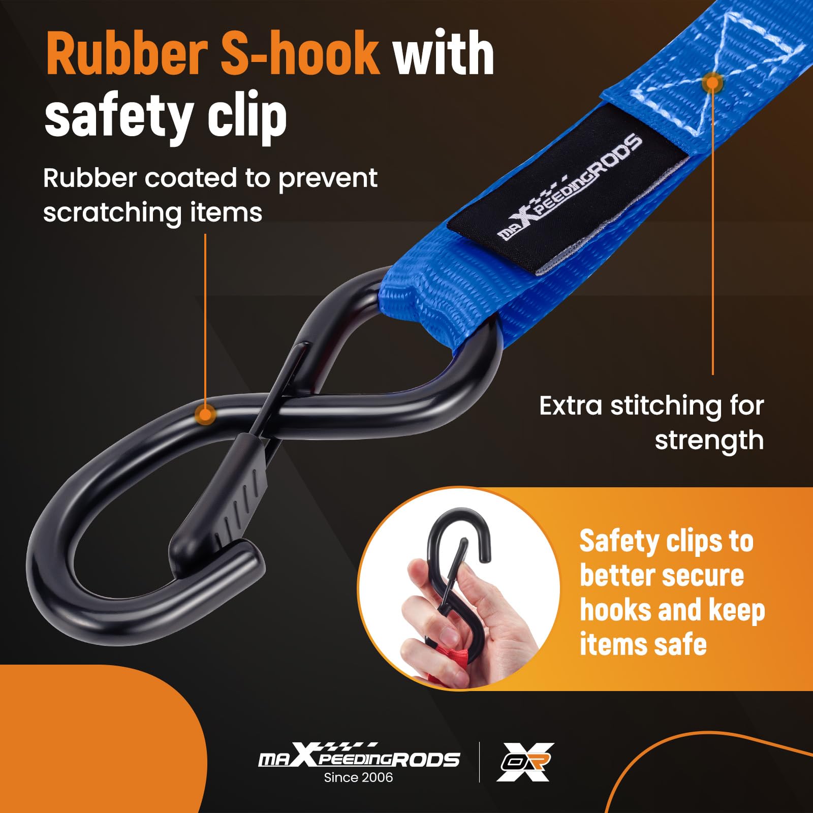 maXpeedingrods 4x 997kg Tie Down Straps 15ft (4.5m), Ratchet Straps 2200lb, Lashing Straps 25mm, Straps with safety clip S-hooks, motorcycle tie down straps, EN 12195-2 - Blue