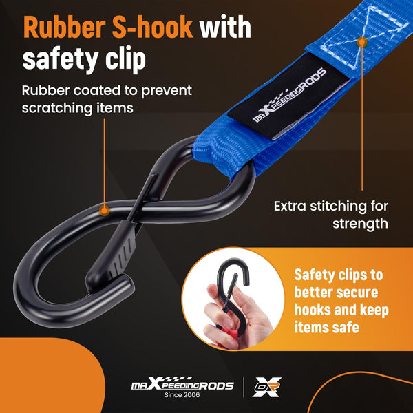 maXpeedingrods 4x 997kg Tie Down Straps 15ft (4.5m), Ratchet Straps 2200lb, Lashing Straps 25mm, Straps with safety clip S-hooks, motorcycle tie down straps, EN 12195-2 - Blue