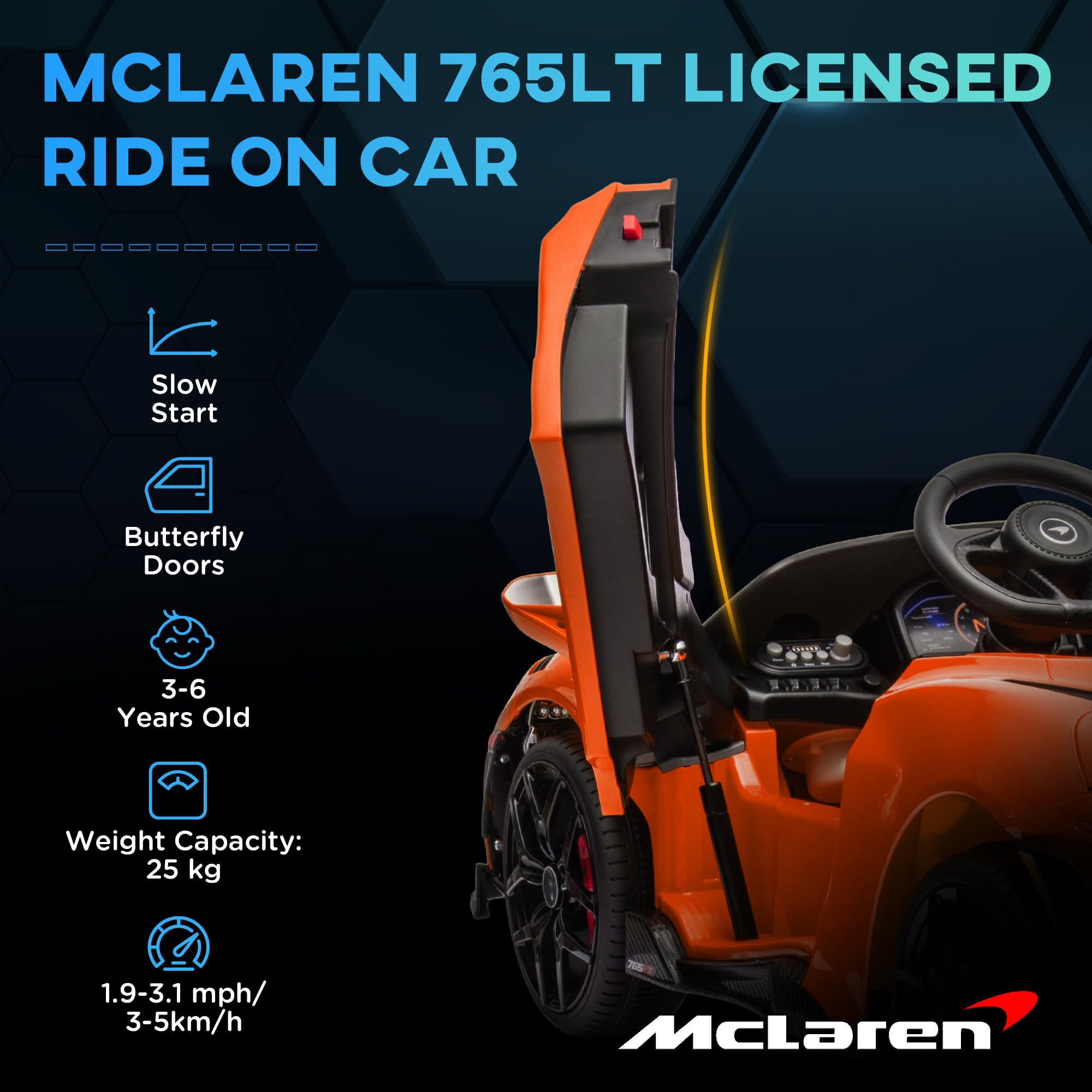AIYAPLAY McLaren 765LT Licensed Electric Car for Kids with Butterfly Doors, 12V Kids' Electric Ride on with Remote Control, Transport Wheels, LED Lights, MP3 Music, Horn, for 3-6 Years, Orange