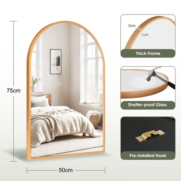 Dripex 50 x 75cm Arched Mirror, Arched Wall Mounted Mirror Home Decorative Bathroom Bedroom Living Room Dressing, Gold