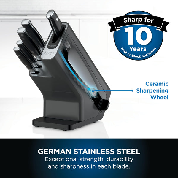 Ninja Foodi StaySharp Knife Block with Integrated Sharpener, 5-Piece Knife Set includes Chef, Bread, Slicing, Utility, Paring Knives, Stainless Steel K32005UK, Black
