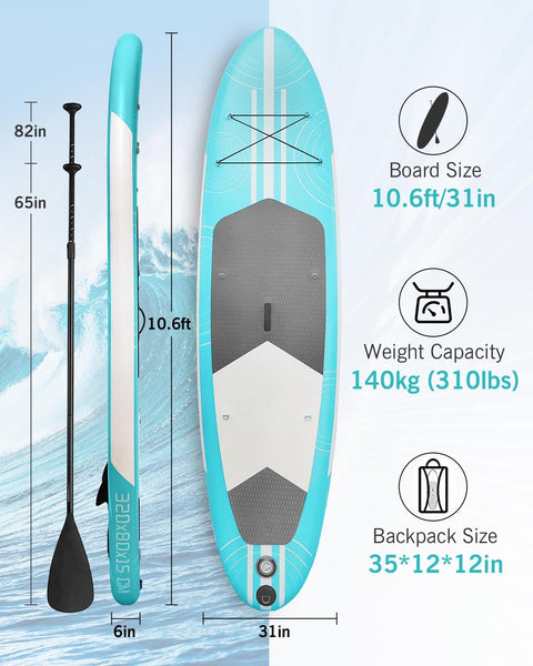 Inflatable Stand Up Paddle Board 10'6"×31"×6"", Max 140KG Load SUP Paddle Board with Accessories Waterproof Cell Phone Bag, Excellent Paddleboards for Adults/Youth/Beginners/Advanced/Water yoga
