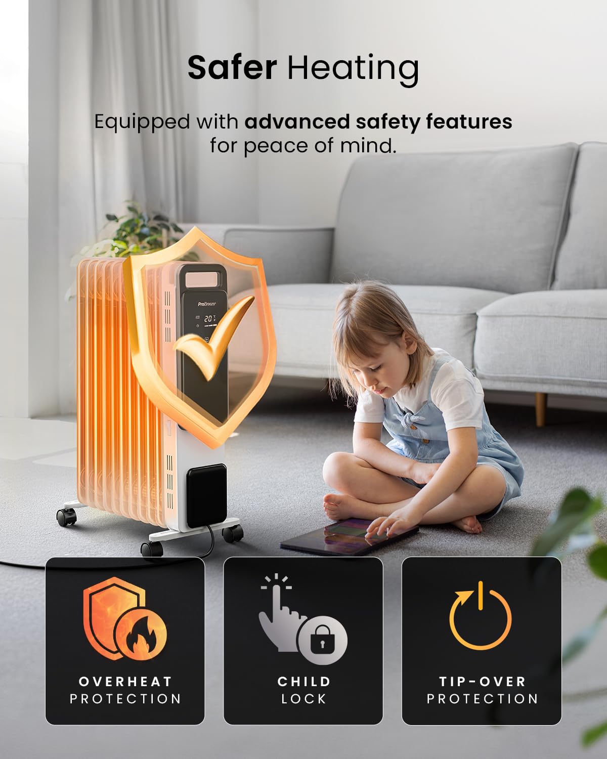 Pro Breeze Smart 2500W 11 Fin Oil Filled Radiator with Digital Display and WiFi Smart App, Thermostat, 24Hr Timer, 3 Heat Modes, Child Lock, Overheat & Tip-Over Protection Oil heater for Home - Black