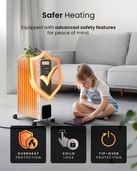 Pro Breeze Smart 2500W 11 Fin Oil Filled Radiator with Digital Display and WiFi Smart App, Thermostat, 24Hr Timer, 3 Heat Modes, Child Lock, Overheat & Tip-Over Protection Oil heater for Home - Black