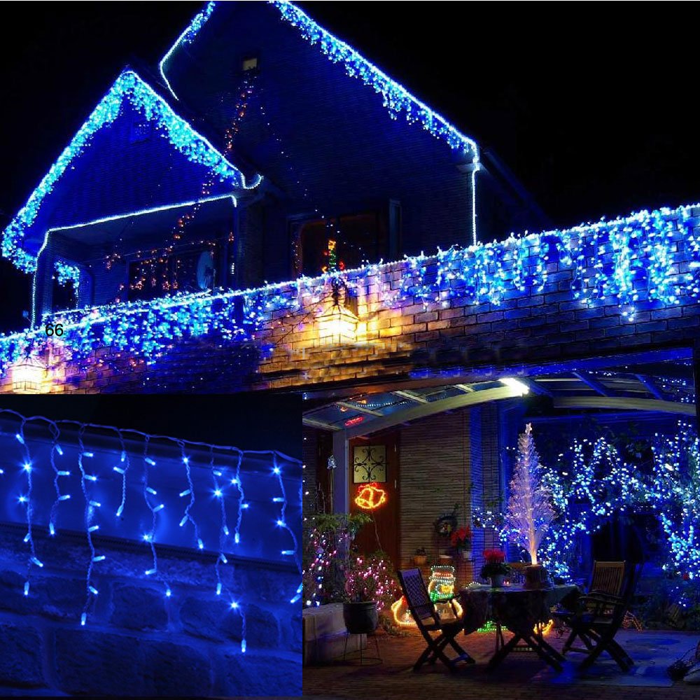 JnDee Safe Voltage Fully Weatherproof Icicle Christmas Fairy Lights BLUE 400 LED 10M Wide 80 Drops Plus a Massive 10M Lead Cable, 8 Modes, Memory &