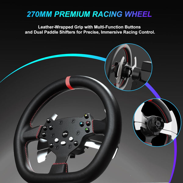 PXN V10 Ultra Direct Drive Gaming Steering Wheel with Pedals – 3.2Nm Force Feedback Servo Base, App Support, PD HM Throttle & Brake Pedals, 270mm Rim – Sim Racing Wheel for PC / PS4 / Xbox