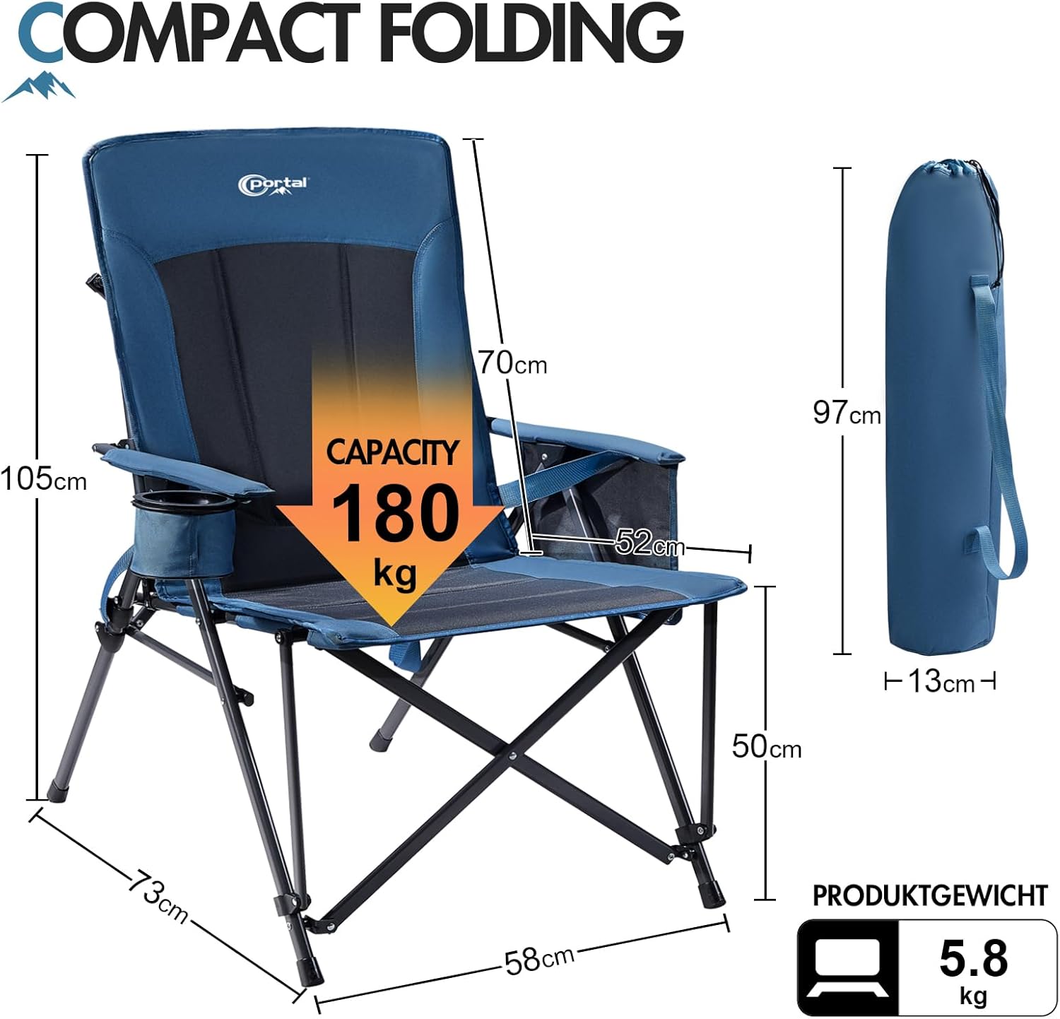 Portal Folding Camping Chair for Adults High Back Heavy Duty 180KG Load Foldable Garden Picnic Festival Collapsible Chair Oversized Hard Armrests Mesh Back Portable for Fishing Beach Patio