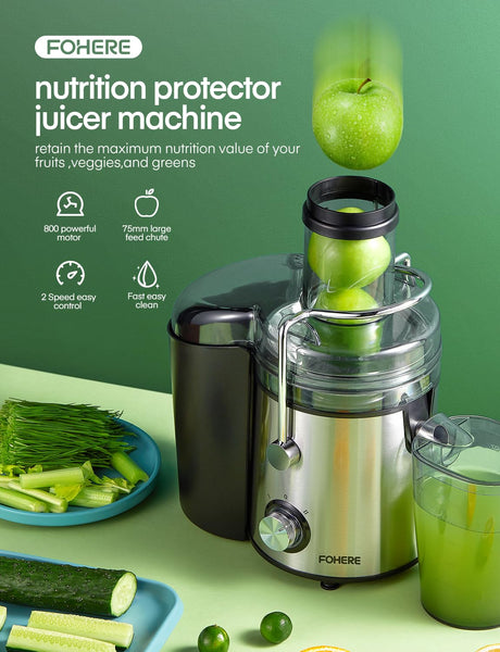 Juicer Machines, FOHERE 800W Juicer Whole Fruit and Vegetables, Quick Juicing Easy to Clean, 75MM Large Feed Chute, Dual Speed Setting and Non-Slip