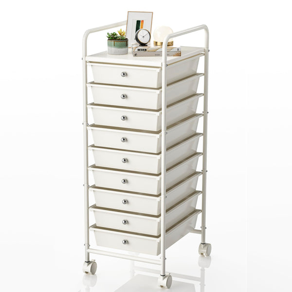 Johgee 9 Drawers Plastic Storage Cart, Multipurpose Mobile Organizer Shelving Unit with Lockable Wheels, Rolling Cart Storage Trolley for Home Office