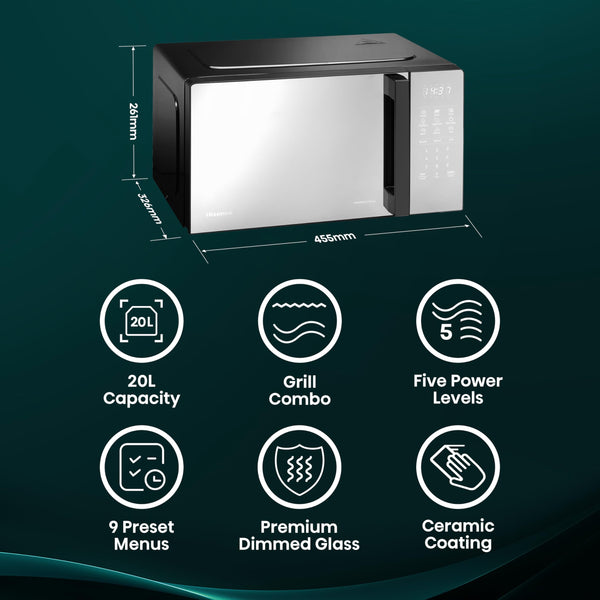 Hisense H23MOBSD1HUK 23 Litre 800W electronic Microwave with Auto Defrost, Digital Display, Smart Cook, Multi level cooking and Easy Clean- Black