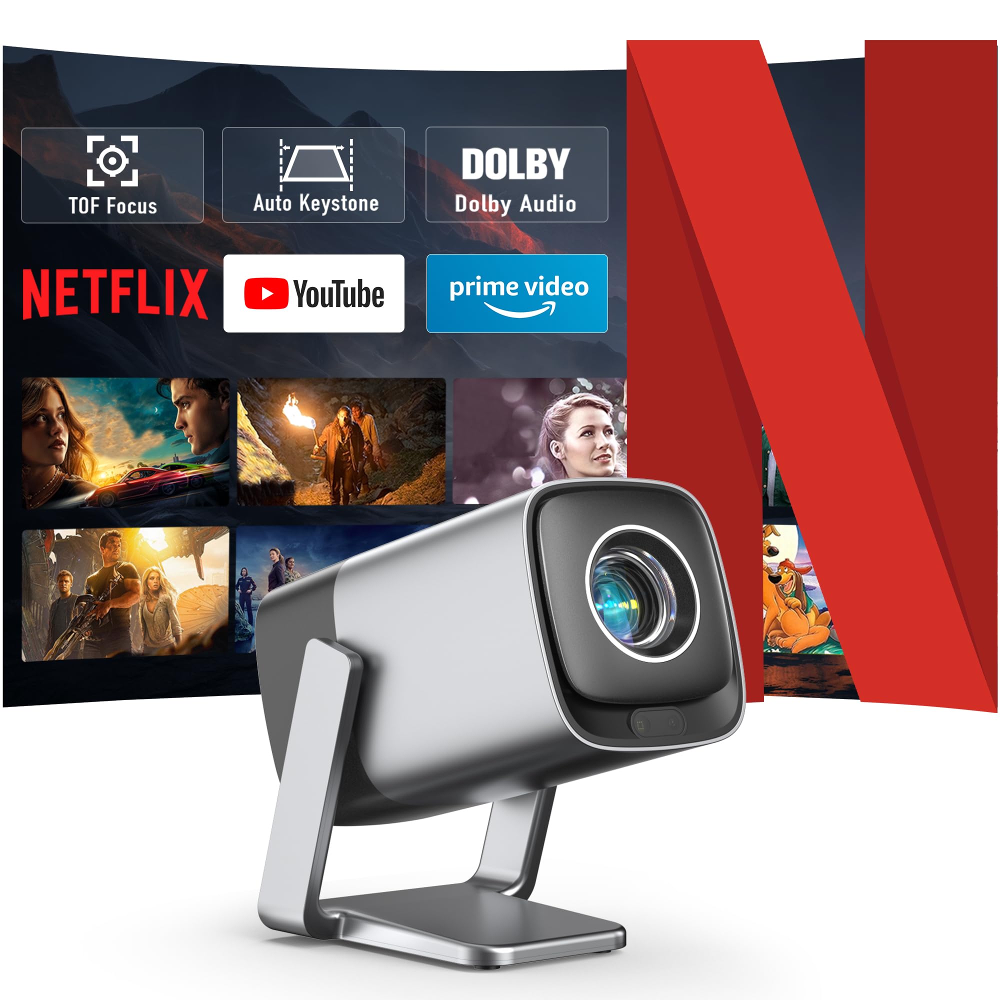 [Netflix Official & TOF Real-time Focus] XuanPad Mini Smart Projector – Native 1080P, WiFi & Bluetooth, Auto Keystone Correction, 3D Dolby Audio, 210° Adjustable Stand for Home Movie Projector