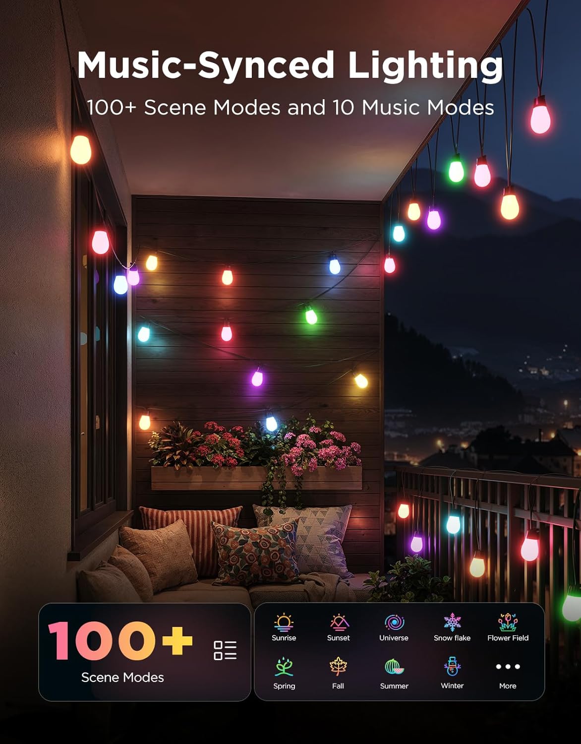 Govee Outdoor String Lights 15M, Smart RGBIC Dimmable Lights Warm White LED Bulbs, IP66 Waterproof Garden Lights with 111 Scene Modes, Works with Alexa, Google Assistant, Matter for Backyard, Party