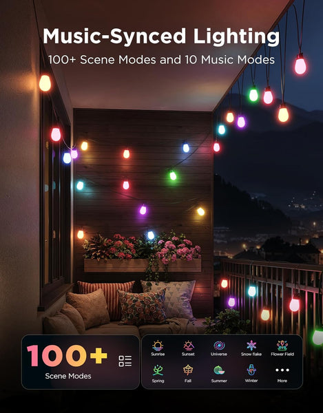 Govee Outdoor String Lights 15M, Smart RGBIC Dimmable Lights Warm White LED Bulbs, IP66 Waterproof Garden Lights with 111 Scene Modes, Works with Alexa, Google Assistant, Matter for Backyard, Party