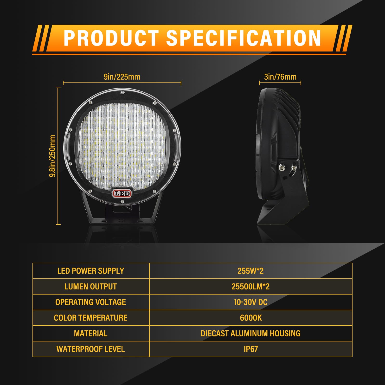 RIGIDON 2 Pcs Black Case Round Led Work Light, 9 inch 294W Spot Beam, 12V 24V Driving Lights Lamp Headlight for Car Off road Boat Truck 4x4 SUV ATV Tractors Excavator, 6000K White, Fog Lamp