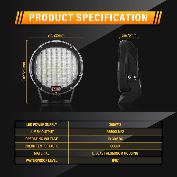 RIGIDON 2 Pcs Black Case Round Led Work Light, 9 inch 294W Spot Beam, 12V 24V Driving Lights Lamp Headlight for Car Off road Boat Truck 4x4 SUV ATV Tractors Excavator, 6000K White, Fog Lamp