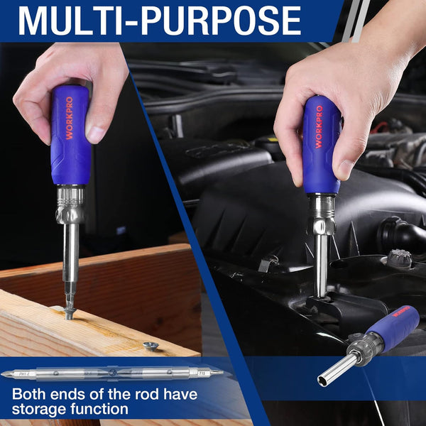 WORKPRO 11 in 1 Multi-bit Screwdriver, Reversible Screwdriver with Phillips/Slotted/Torx/Pozidriv, 4 Interchangeable Multibits and 3 Sockets for DIY, Repair