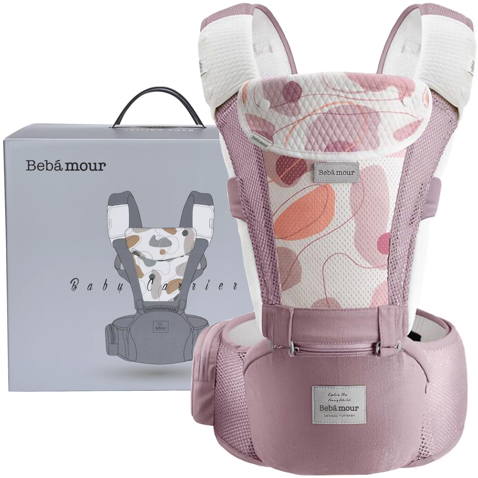 Bebamour Baby Carrier Newborn to Toddler Baby Carrier Hipseat 0-36Months with Head Hood, 3 PCS Teething Pads, Waist Extender, Grey